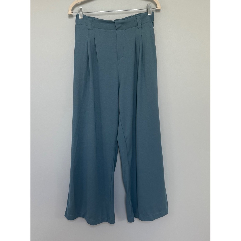 Halara High Waisted Pleated Wide Leg Waffle Knit Trousers Blue Petite Medium